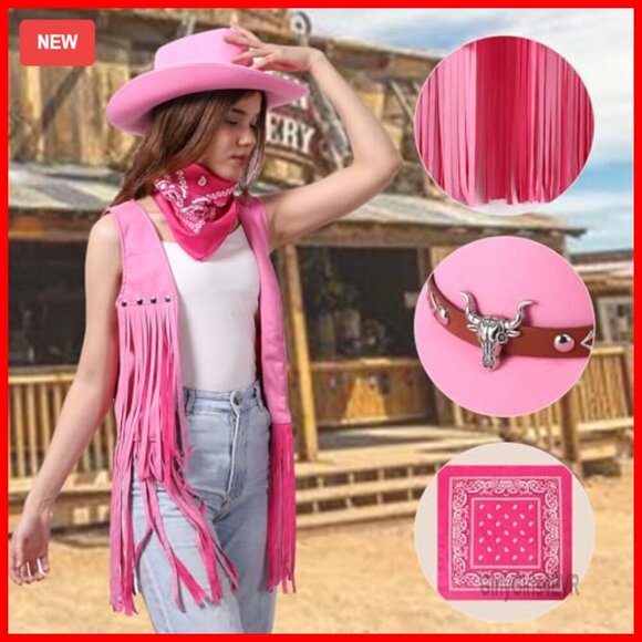Faux Suede Fringe Vest Cowgirl Hat Bandana Western Costume Set main image 5